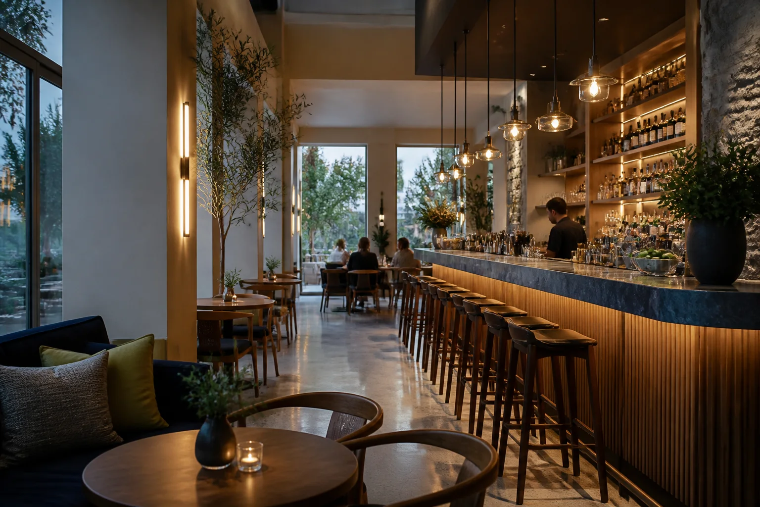 Contemporary café and bar with a warm professional atmosphere