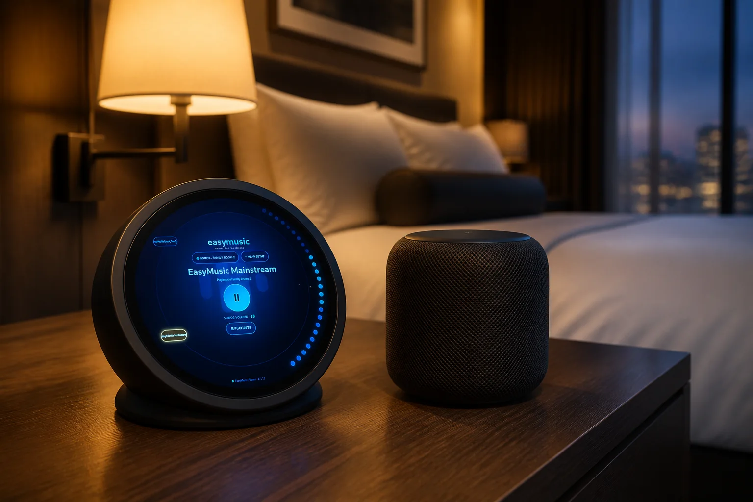 EasyMusic Player with a Bluetooth speaker in a modern hotel room